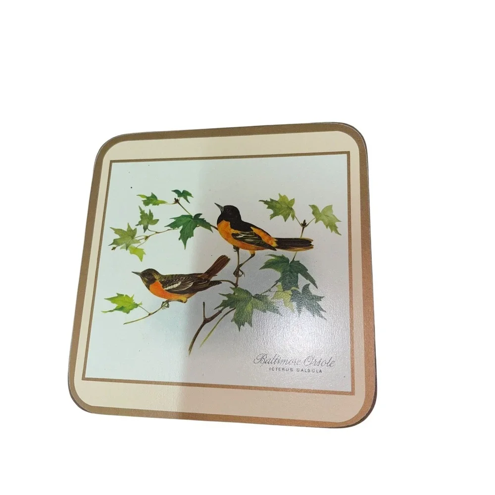 Set Of 6 Vintage English Life Cork Back Coasters Song Birds Satin‎ Finish W/ Box